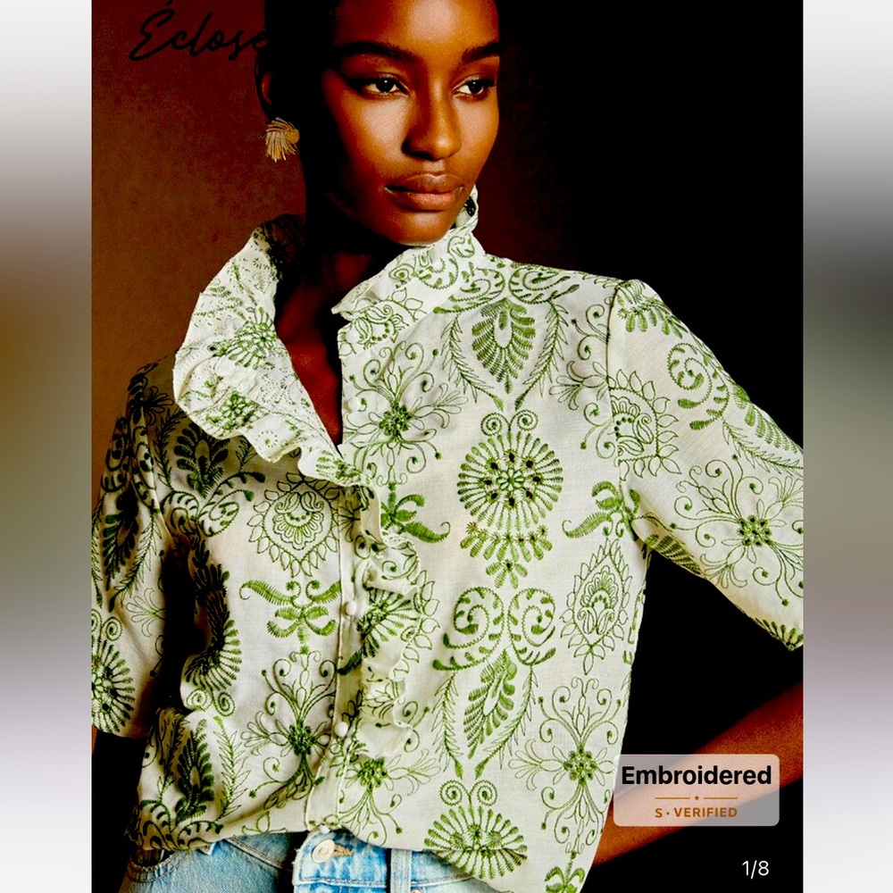 Embroidered Ruffle Collar Green Floral Button-Front Women's Top